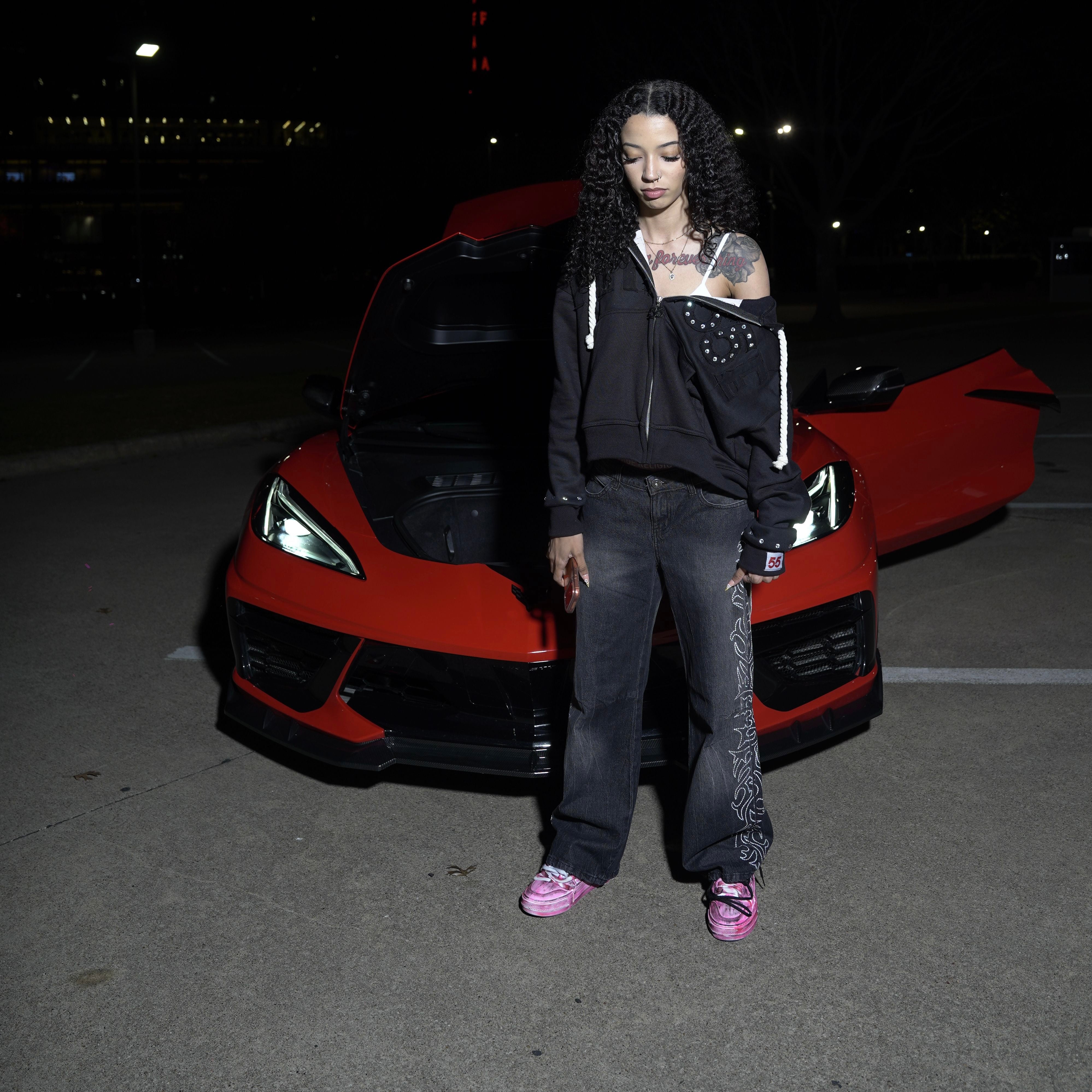 Black 55 Rhinestone Zip up